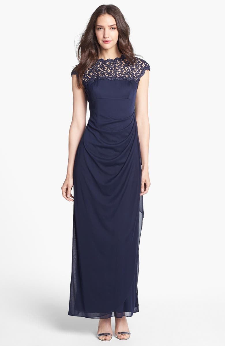 Alex Evenings Lace Ruffle Column Gown, Main, color, 