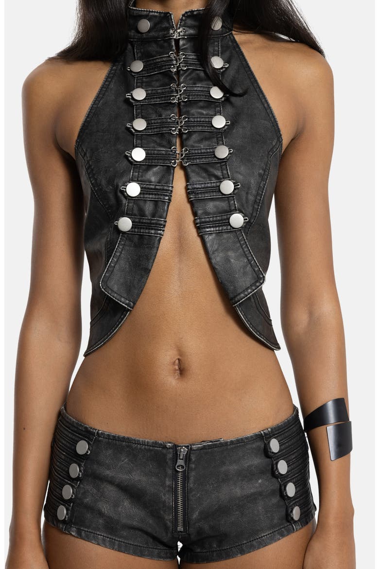 Military Rebel Faux Leather Mini Shorts, Alternate, color, BLACK