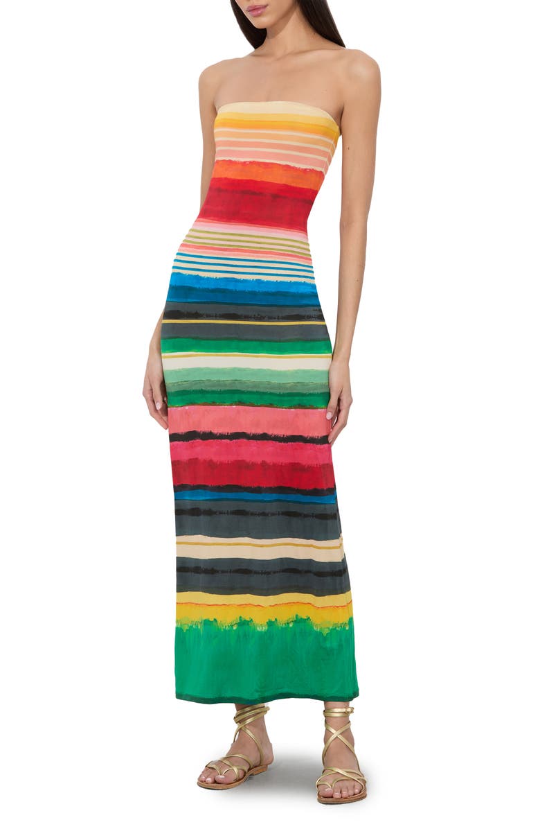 Alice + Olivia Delora Stripe Strapless Midi Dress, Alternate, color, Rainbow Reef