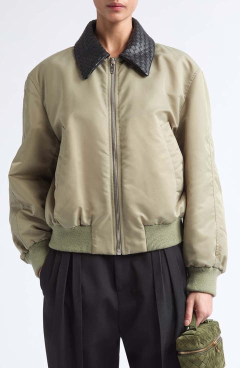 Intrecciato Leather Collar Nylon Bomber Jacket