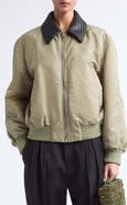 Bottega Veneta Intrecciato Leather Collar Nylon Bomber Jacket