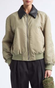 Bottega Veneta Intrecciato Leather Collar Nylon Bomber Jacket