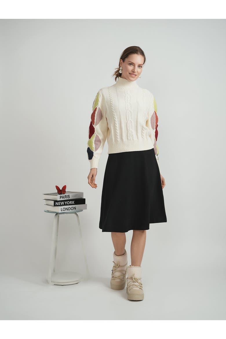 Ladies Color Blocked Cable Knit Mock Neck Sweater, Alternate, color, Black