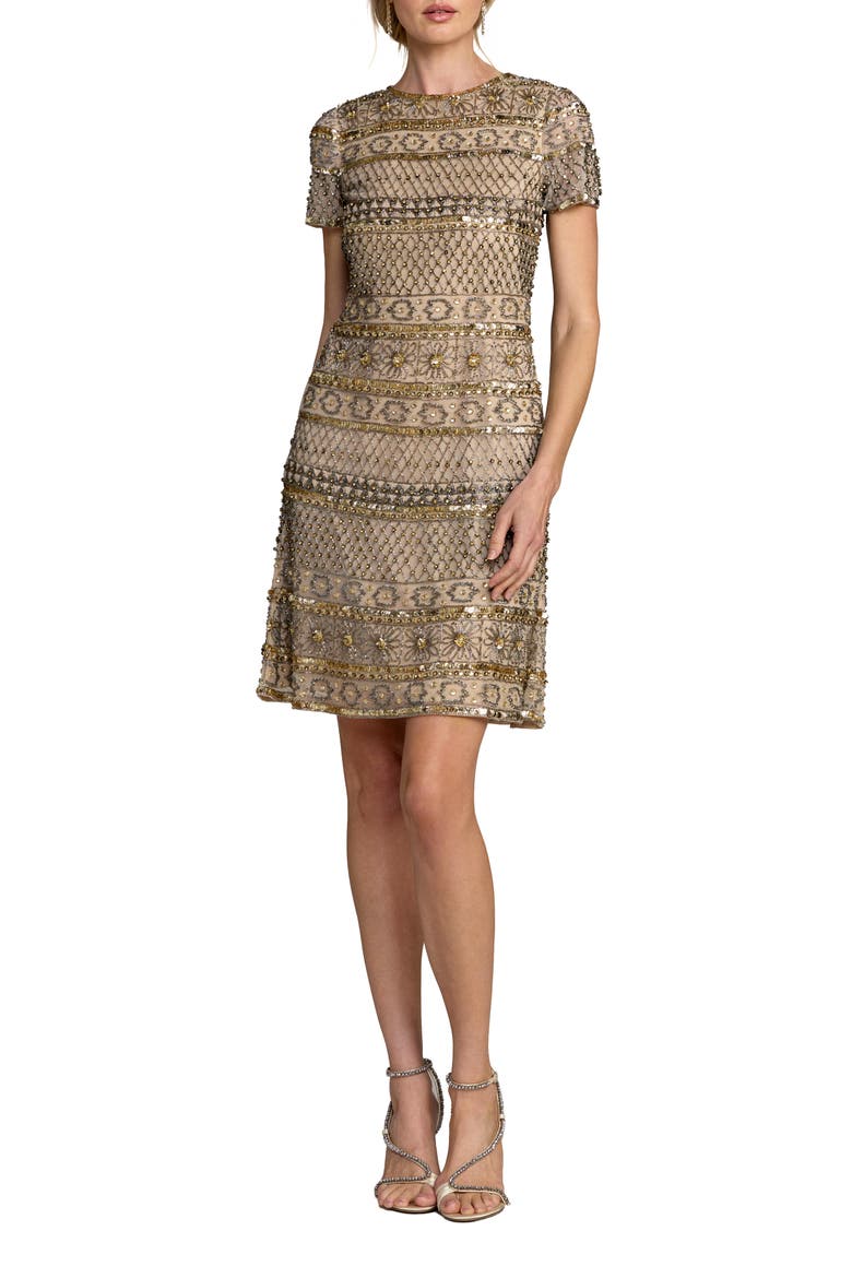 Short Sleeve Embelleshed Mesh Mini Dress, Main, color, Nude Gold
