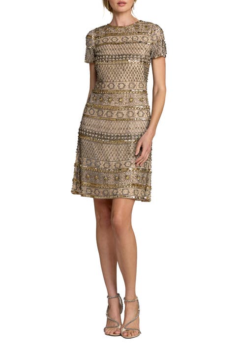 Short Sleeve Embelleshed Mesh Mini Dress