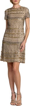 Mac Duggal Short Sleeve Embelleshed Mesh Mini Dress
