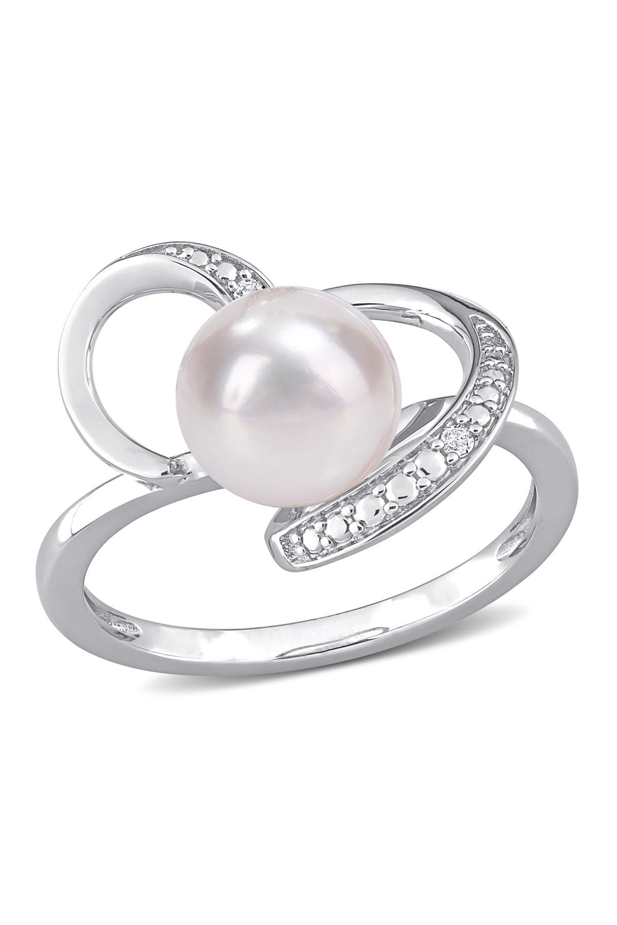DELMAR Sterling Silver 8–8.5mm Cultured Freshwater Pearl & Diamond Swirl Ring - 0.02ct.