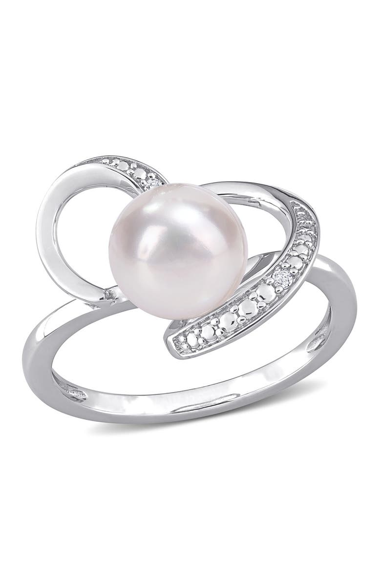 DELMAR Sterling Silver 8–8.5mm Cultured Freshwater Pearl & Diamond Swirl Ring - 0.02ct., Main, color, White