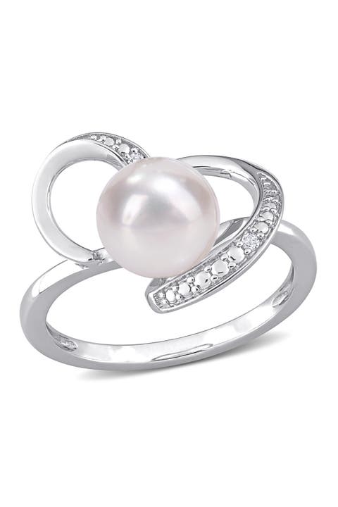 Sterling Silver 8–8.5mm Cultured Freshwater Pearl & Diamond Swirl Ring - 0.02ct.