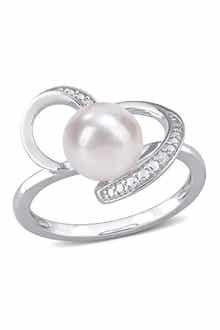 DELMAR Sterling Silver 8–8.5mm Cultured Freshwater Pearl & Diamond Swirl Ring - 0.02ct.