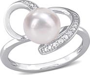 DELMAR Sterling Silver 8–8.5mm Cultured Freshwater Pearl & Diamond Swirl Ring - 0.02ct.