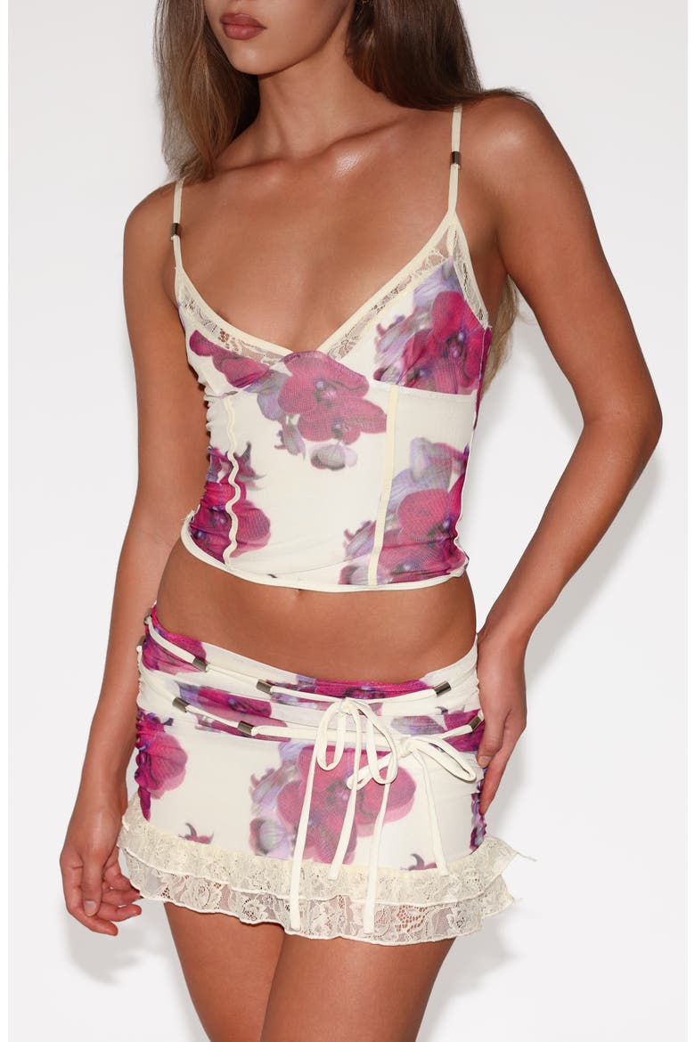 Liliah Lace Trim Floral Mesh Miniskirt, Alternate, color, ORCHID HAZE