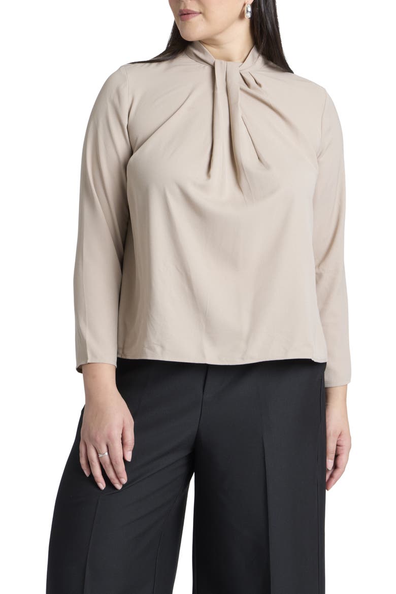 Twist Front Mock Neck Crepe Top, Main, color, MOCHA MERINGUE