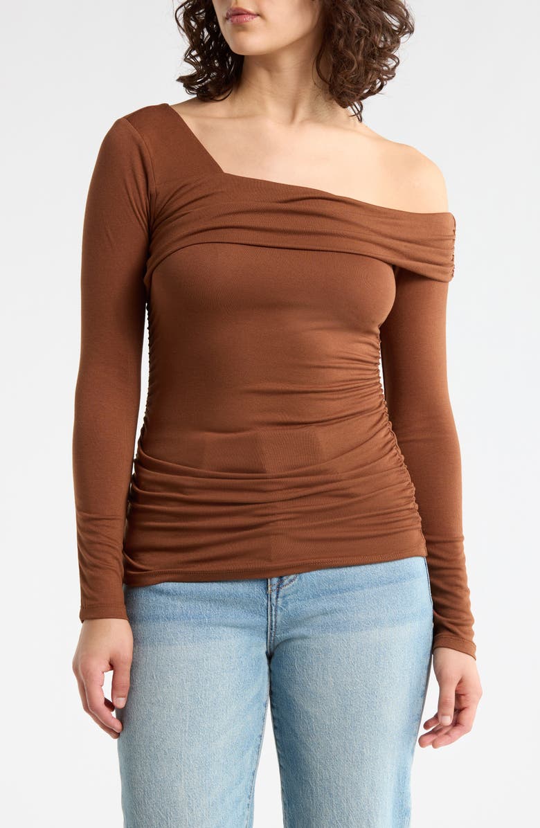 Elodie One Shoulder Long Sleeve Ruched Top, Main, color, Brown