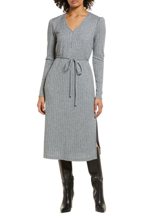 Rib Tie Waist Long Sleeve Sweater Dress
