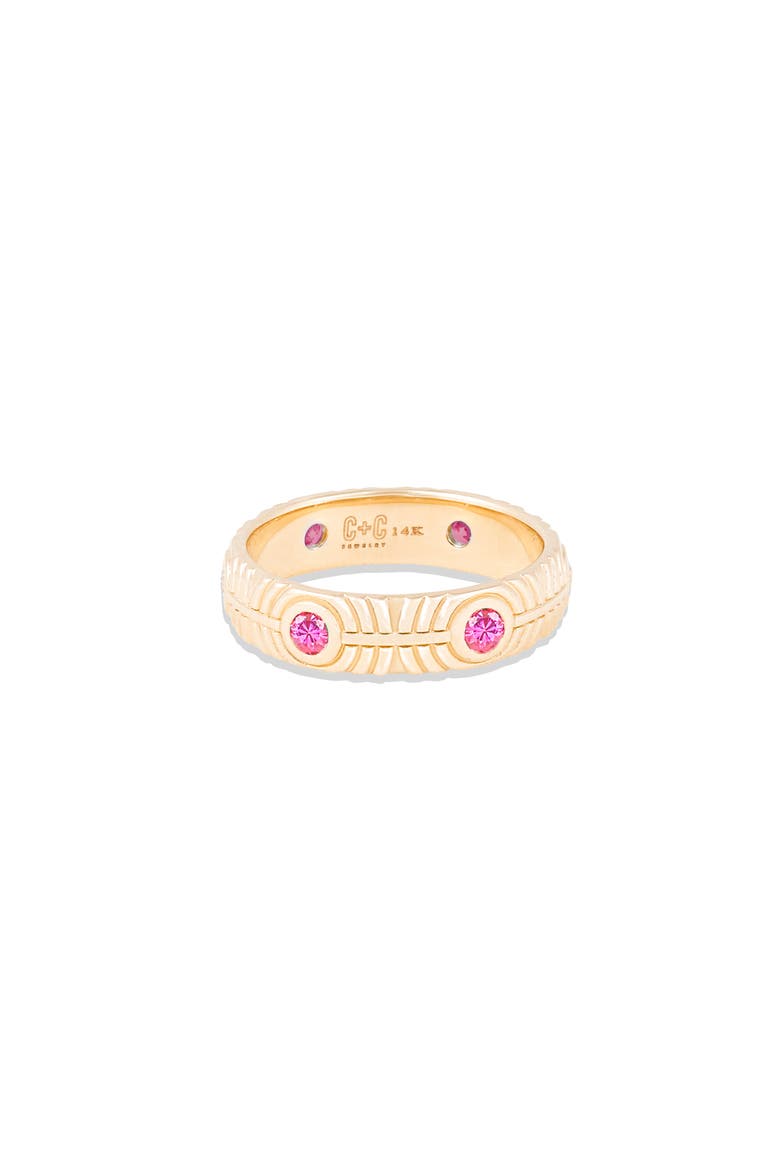 Revel Ribbed Stacking Band, Main, color, Pink Sapphire- Gold
