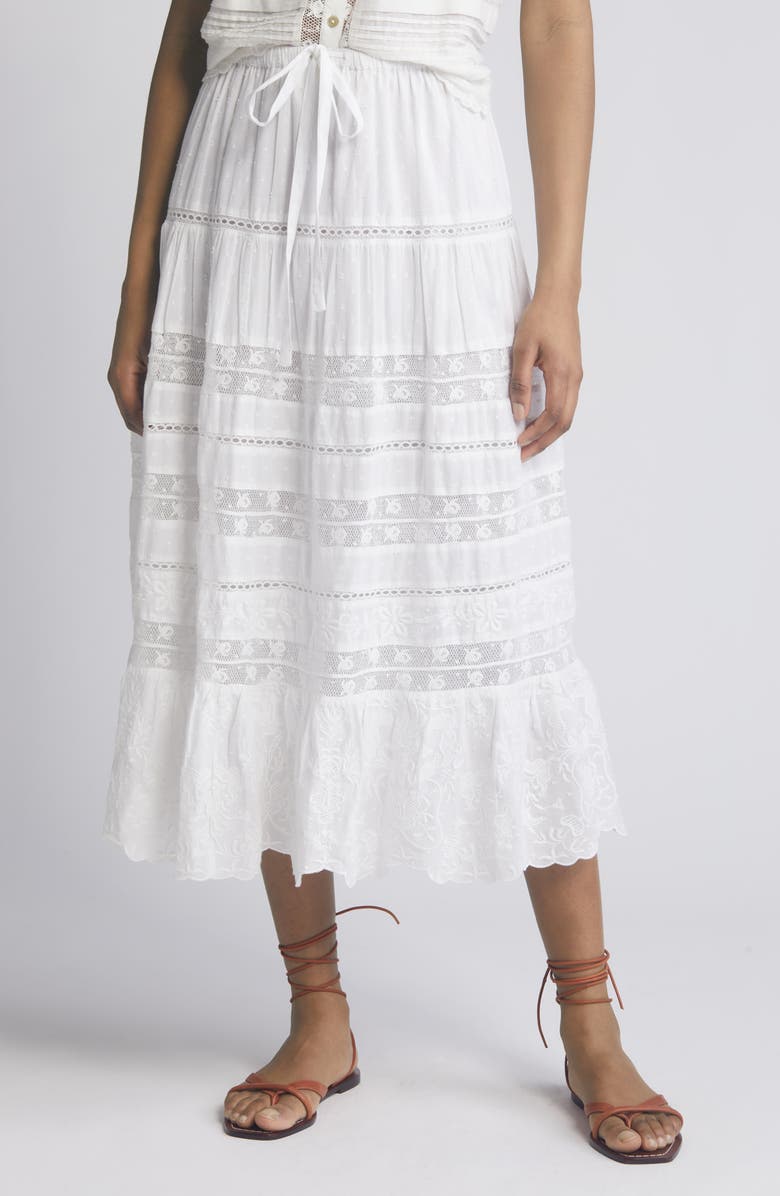 LoveShackFancy Donna Lace Tie Waist Maxi Skirt, Main, color, White