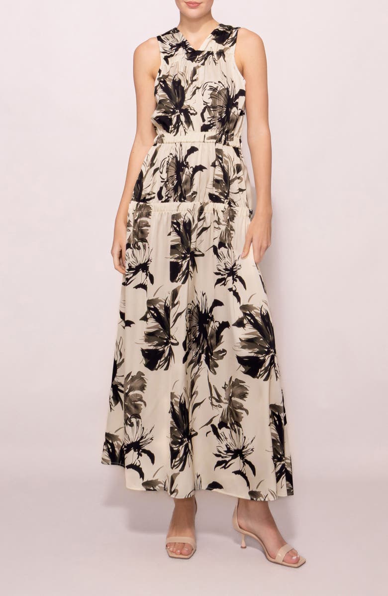 MELLODAY Floral Print Maxi Dress, Main, color, White Black Floral