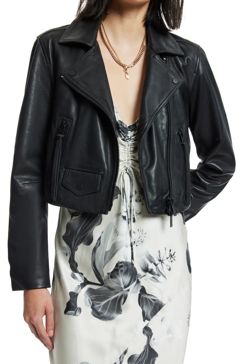 Elora Crop Leather Biker Jacket, Main, color, BLACK