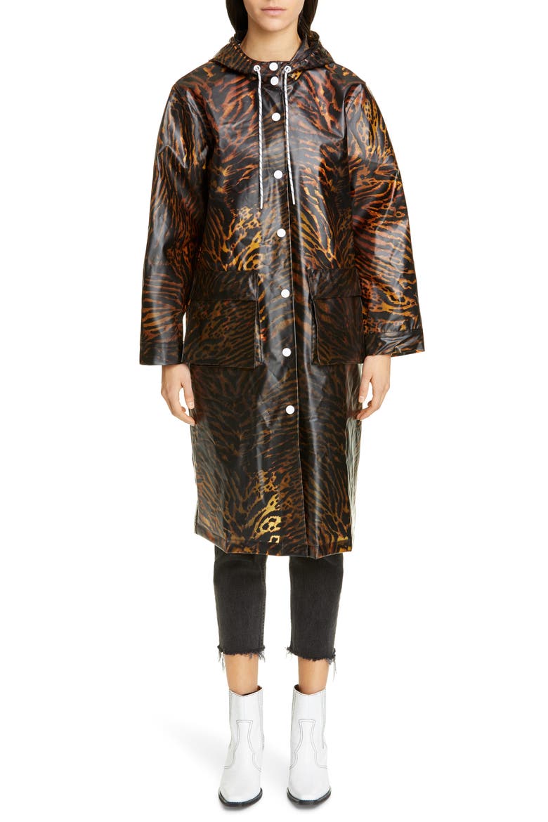 Tiger Print Water Resistant Biodegradable Raincoat, Main, color, TIGER
