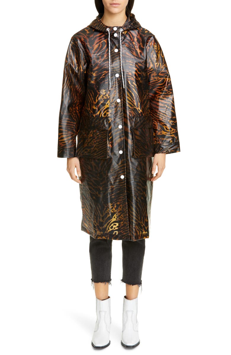 Ganni Tiger Print Water Resistant Biodegradable Raincoat, Main, color, 