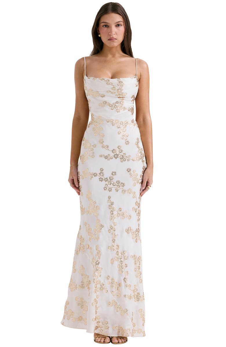 HOUSE OF CB Caprina Embroidered Floral Trumpet Gown, Alternate, color, White Gold