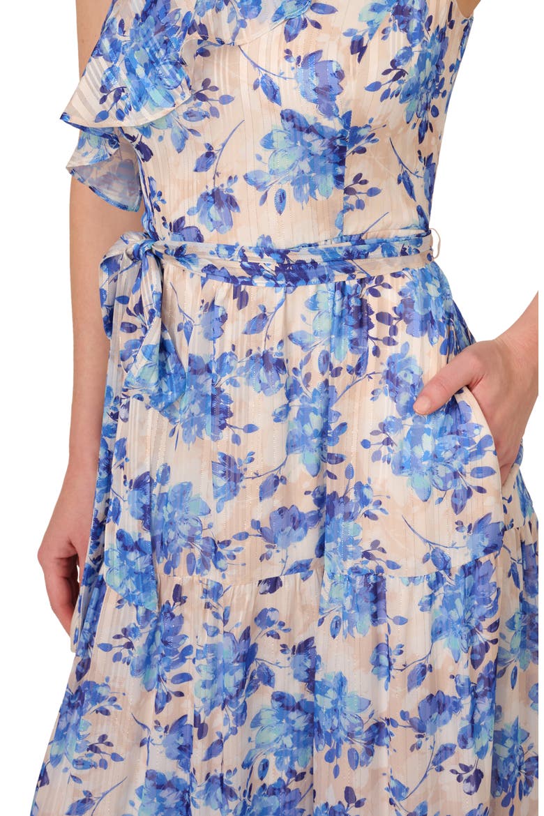 Metallic Ruffle One-Shoulder Maxi Cocktail Dress, Alternate, color, CHAMPAGNE/ BLUE MULTI
