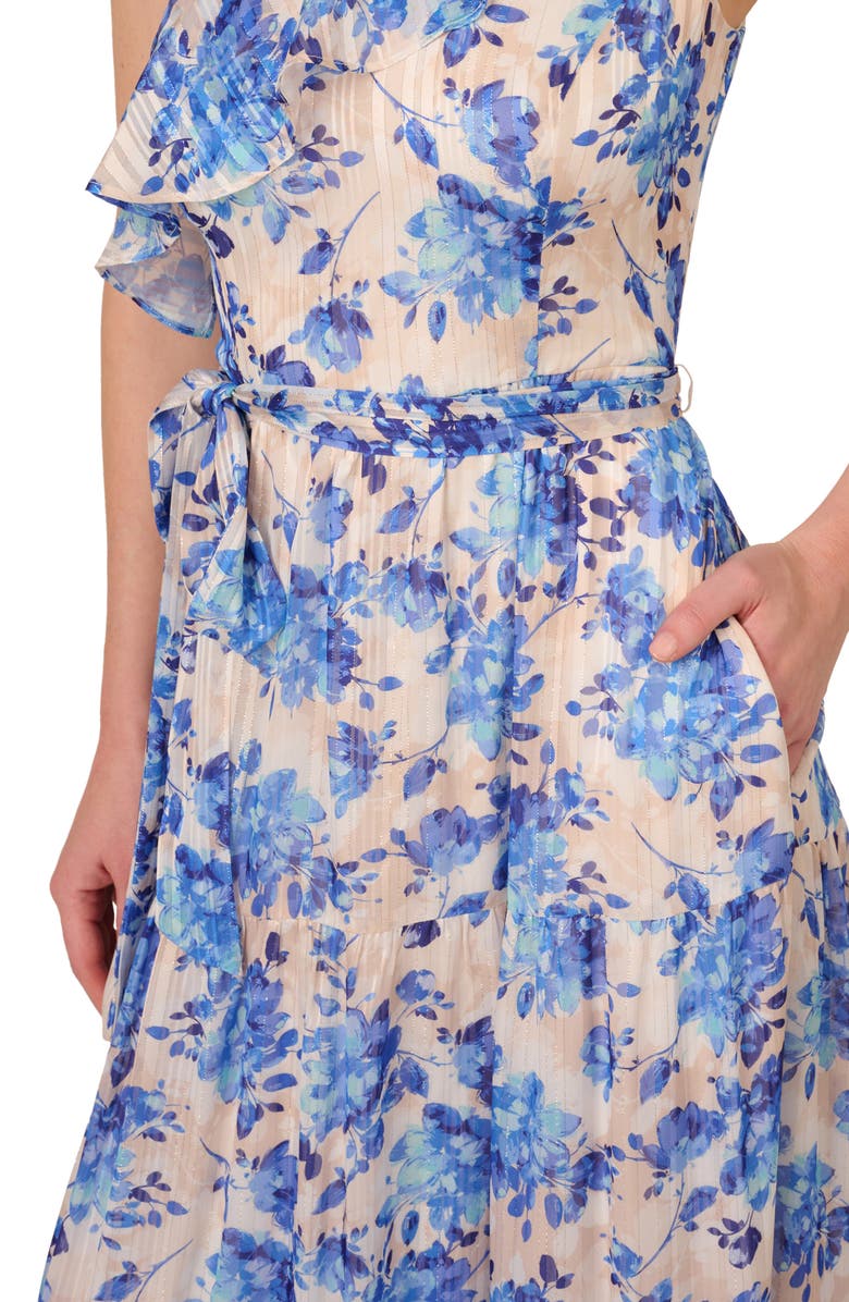 Adrianna Papell Metallic Ruffle One-Shoulder Maxi Cocktail Dress, Alternate, color, Champagne/ Blue Multi