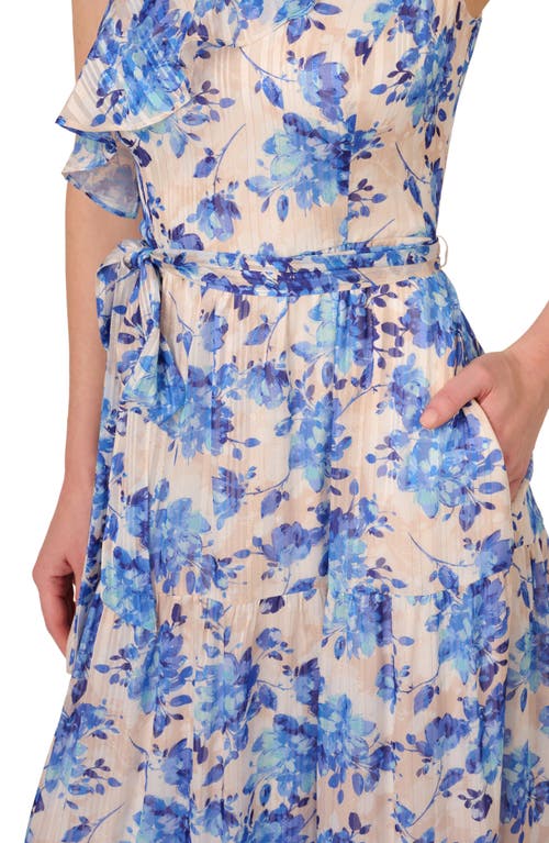 Adrianna Papell Metallic Ruffle One-shoulder Maxi Cocktail Dress