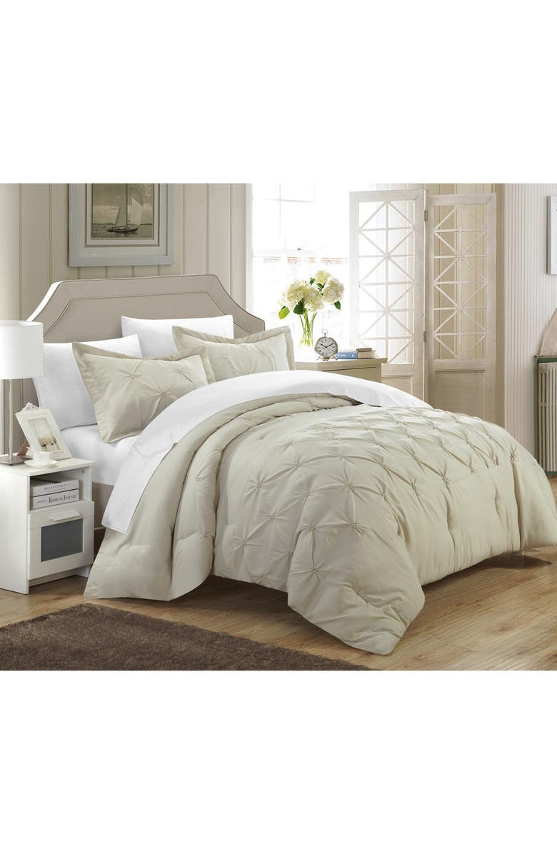 CHIC Nica Pinch Pleat Pintuck Queen Duvet Cover 3-Piece Set, Beige, Alternate, color,