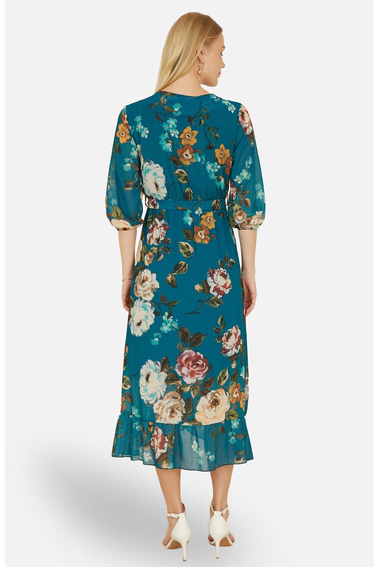 Watercolour Dip Hem Midi Wrap Dress, Alternate, color, Teal