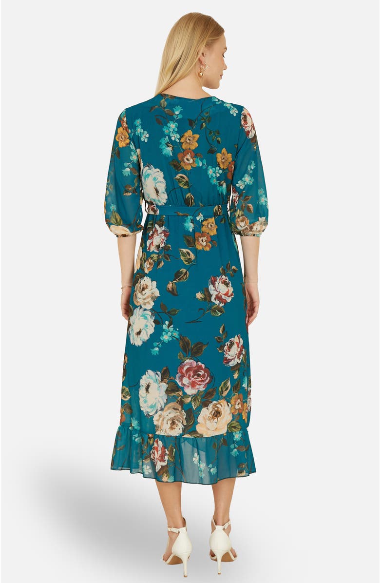 Yumi Watercolour Dip Hem Midi Wrap Dress, Alternate, color, Teal
