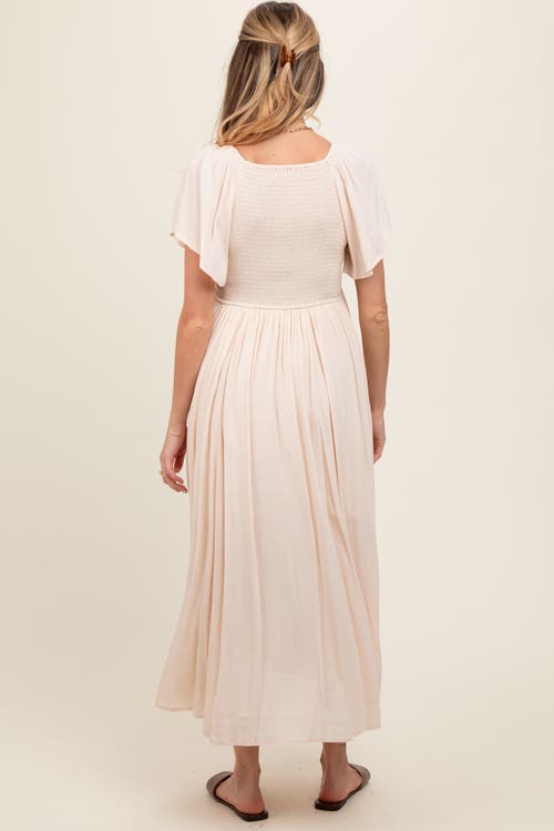 Pinkblush V-neck Flutter Short Sleeve Midi Dress In Neutral