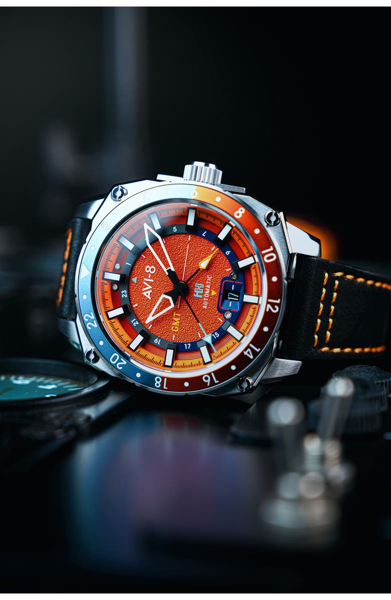 AVI-8 Hawker Hunter Atlas GMT Movement Leather Strap Watch, 44mm, Alternate, color, 