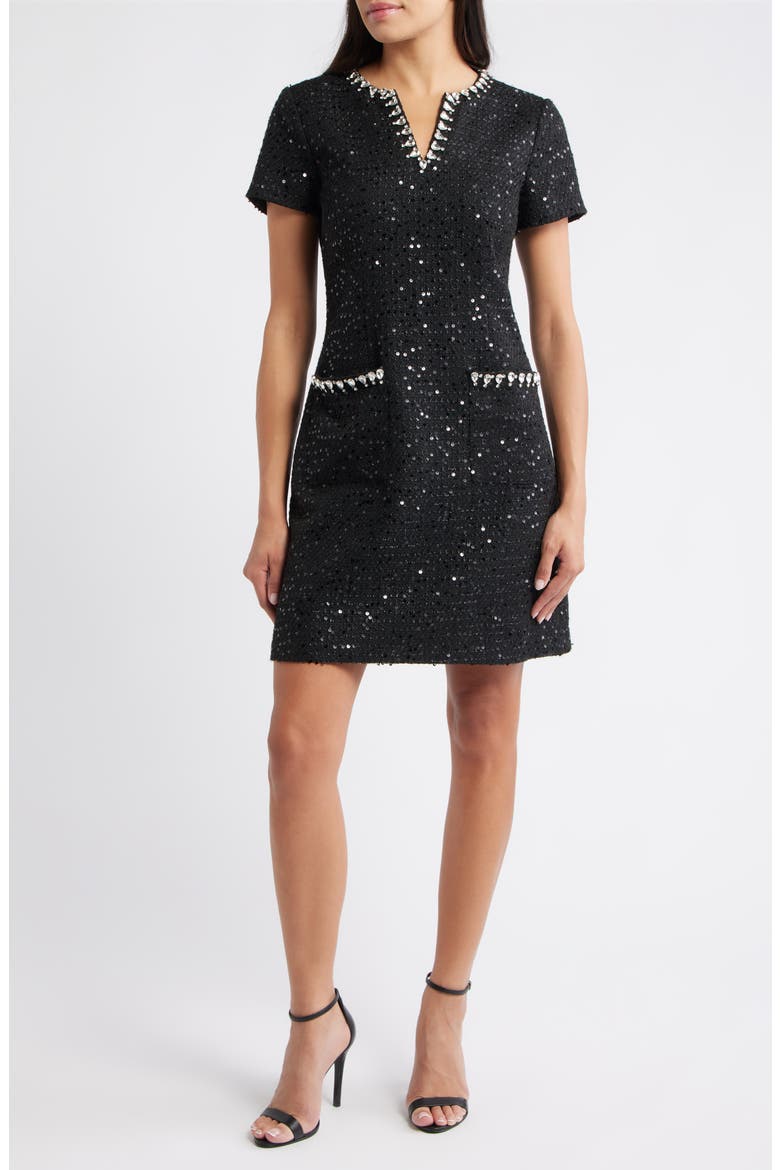 Crystal Trim Sequin Cocktail Dress, Main, color, BLACK
