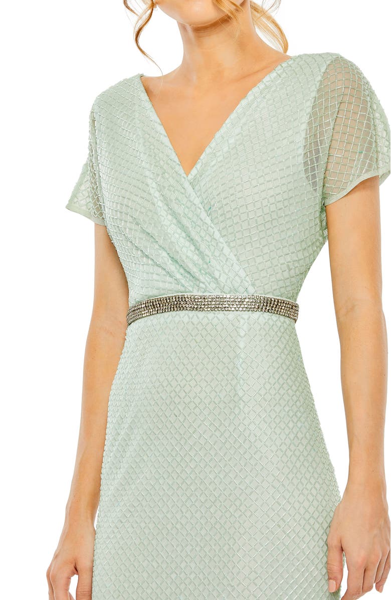 Mac Duggal Short Sleeve Beaded V-Neck Gown, Alternate, color, Sage