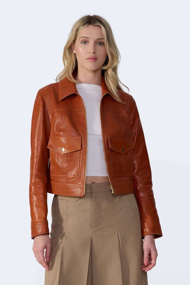 Flora Leather Jacket, Alternate, color, Whiskey