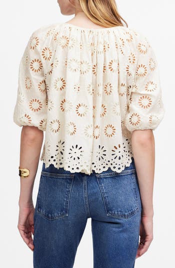 Embroidered Shirred Puff Sleeve Top