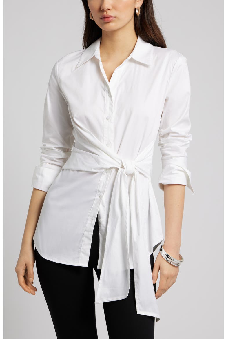 Waist Tie Cotton Poplin Button-Up Shirt, Main, color, WHITE