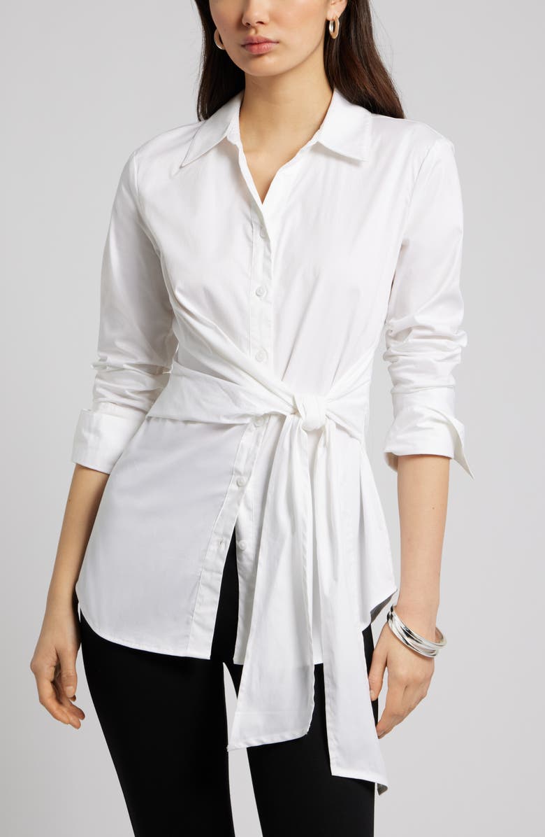 Open Edit Waist Tie Cotton Poplin Button-Up Shirt, Main, color, White