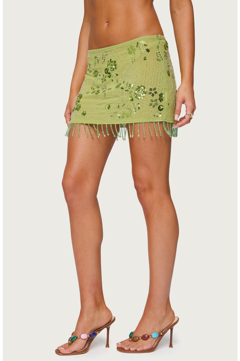 Embellished Fringe Semisheer Miniskirt, Alternate, color, GREEN