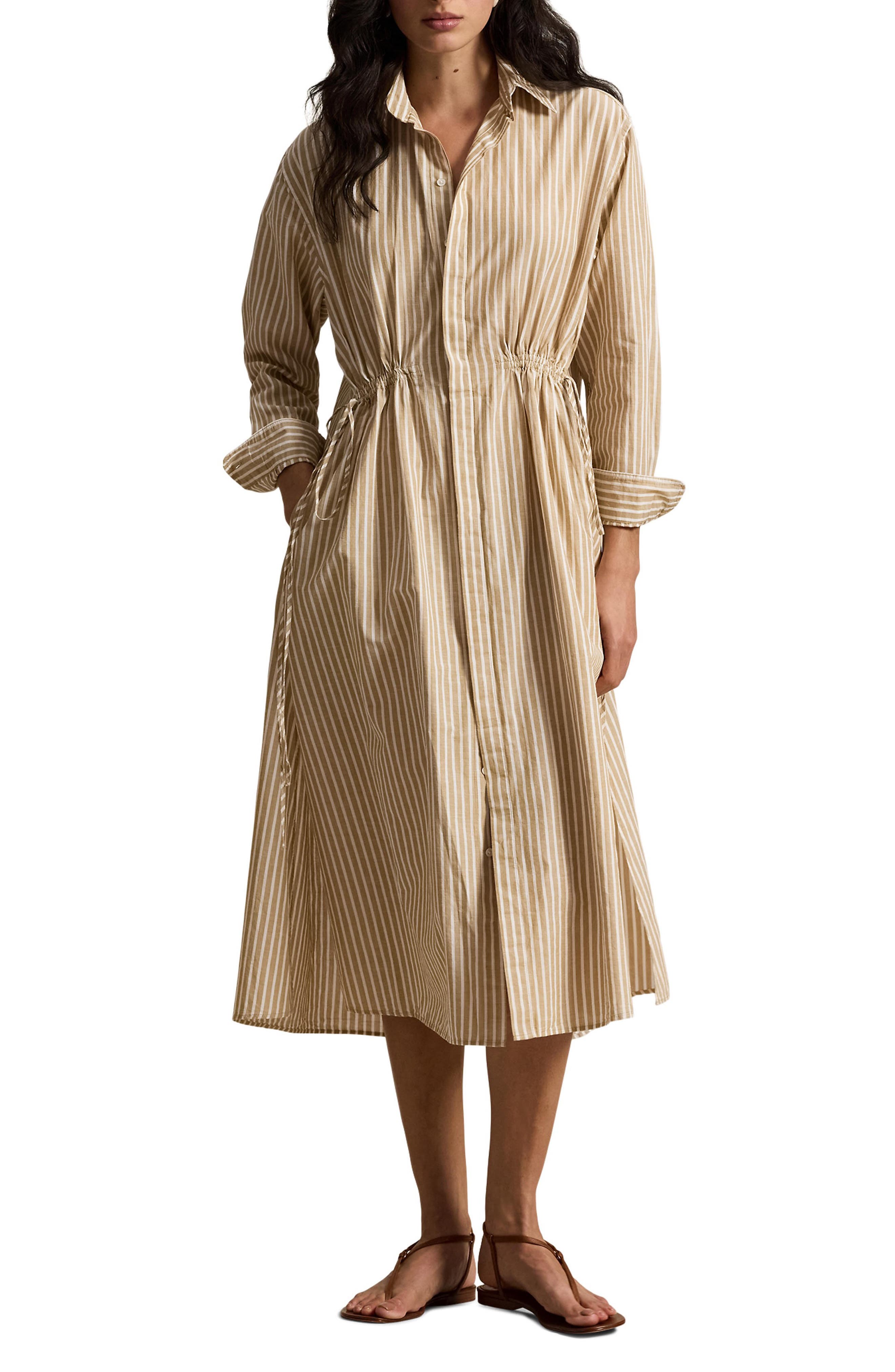 Polo Ralph Lauren Long Sleeve Stripe Shirtdress In Neutral