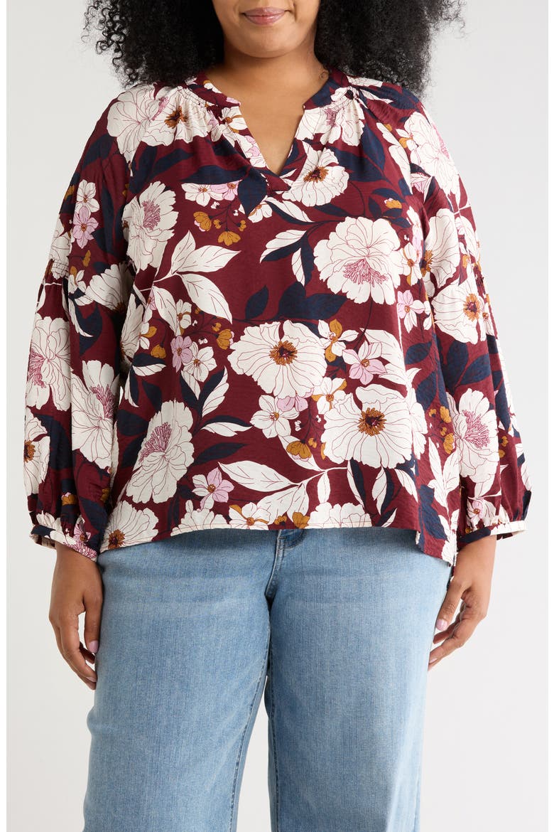 Floral Long Sleeve Popover Top, Main, color, RED GRAPE GARDEN FLORAL