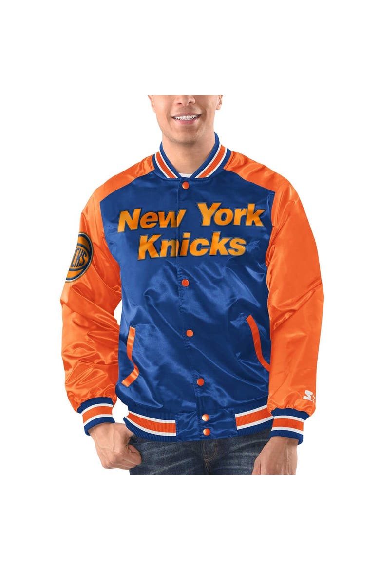 Men's Starter Blue/Orange New York Knicks Renegade Satin Full-Snap Varsity Jacket, Main, color, Blue