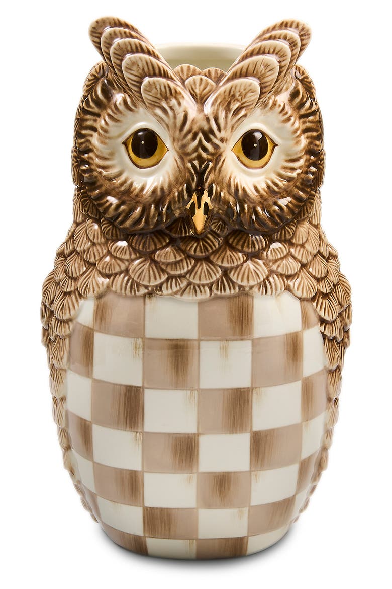 Mocha Check Ceramic Owl Vase, Main, color, BROWN