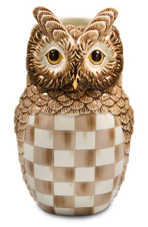 Mocha Check Ceramic Owl Vase