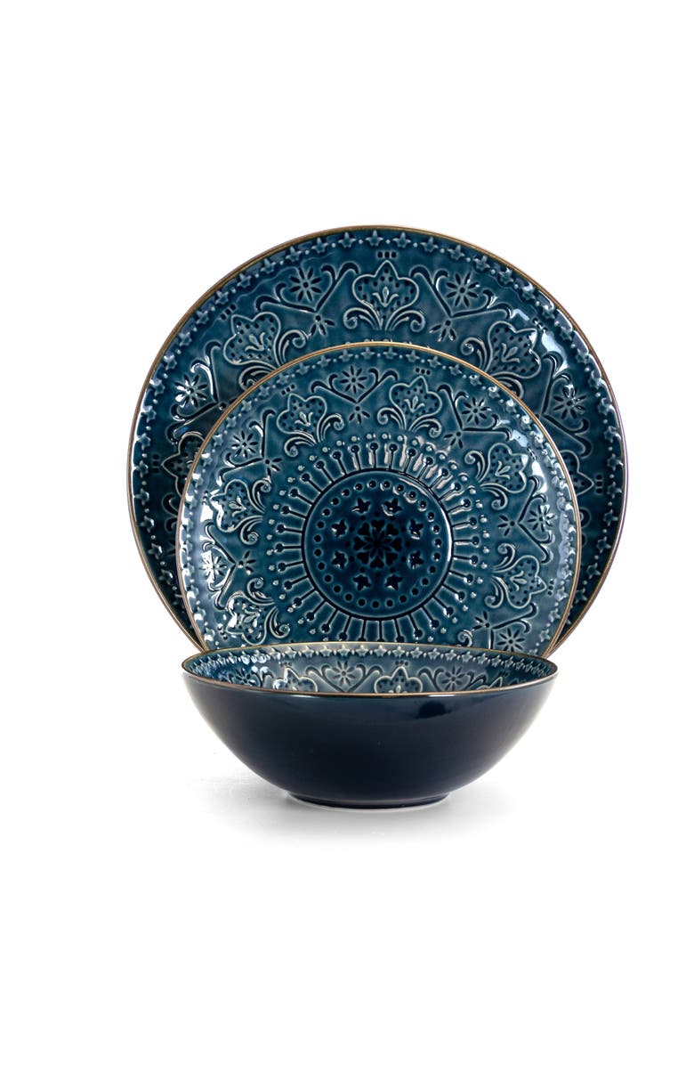 Elama Deep Sea Mozaic 16 Piece Luxurious Stoneware Dinnerware with Complete Setting for 4, Alternate, color, Blue