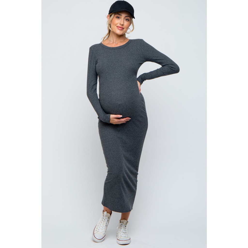 Pinkblush Ribbed Fitted Long Sleeve Midi Dress In Gray
