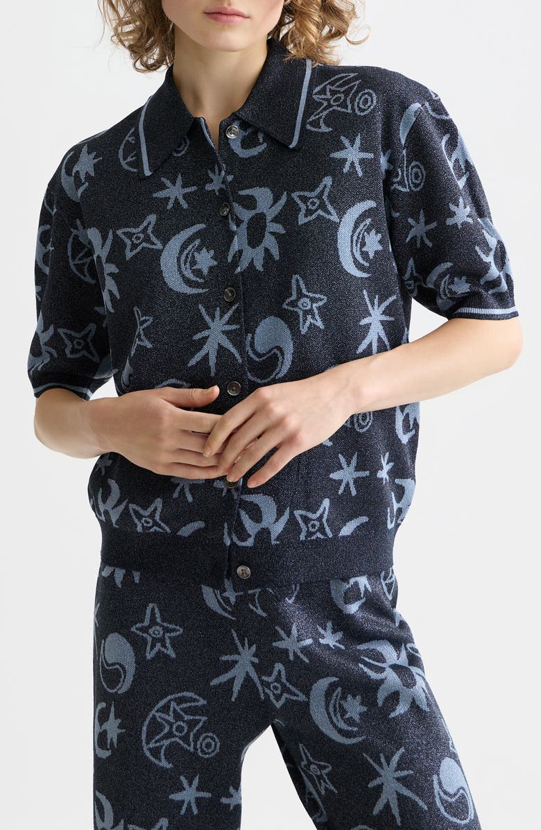 Scotch & Soda Metallic Jacquard Polo Cardigan, Main, color, Cosmic Sky Spaced Carbon