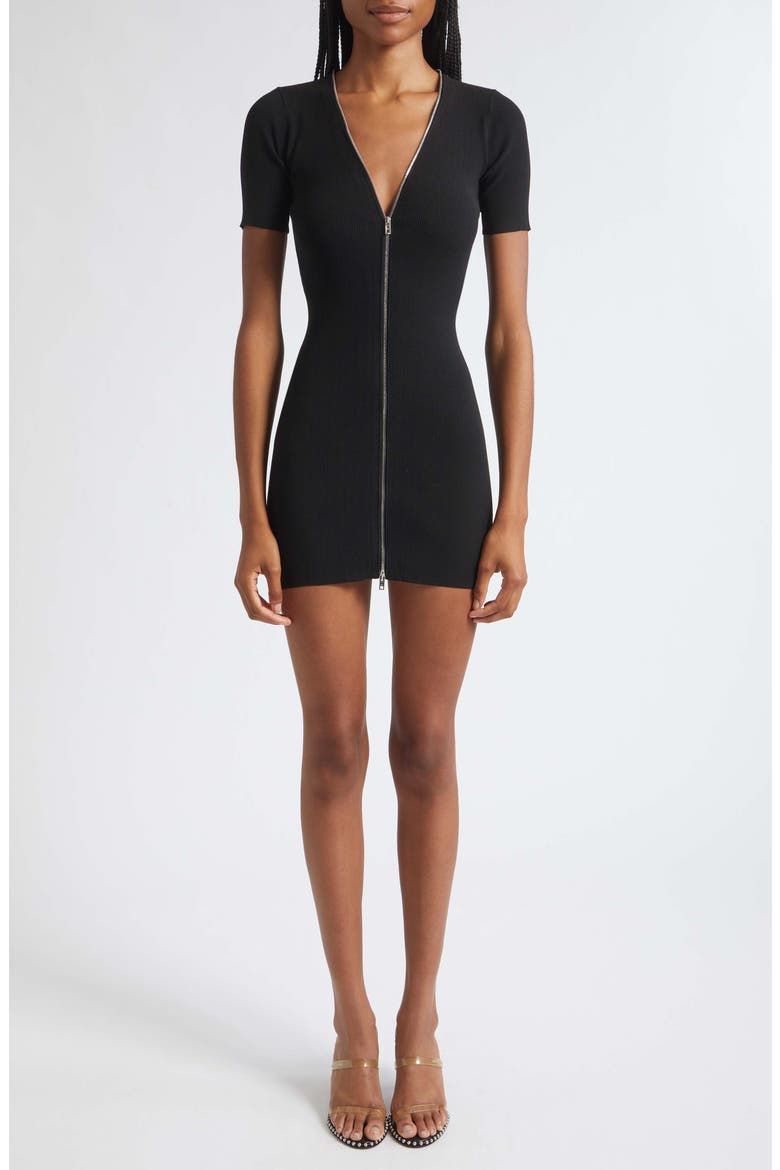 Zip Pointelle Rib Sweater Dress, Main, color, BLACK